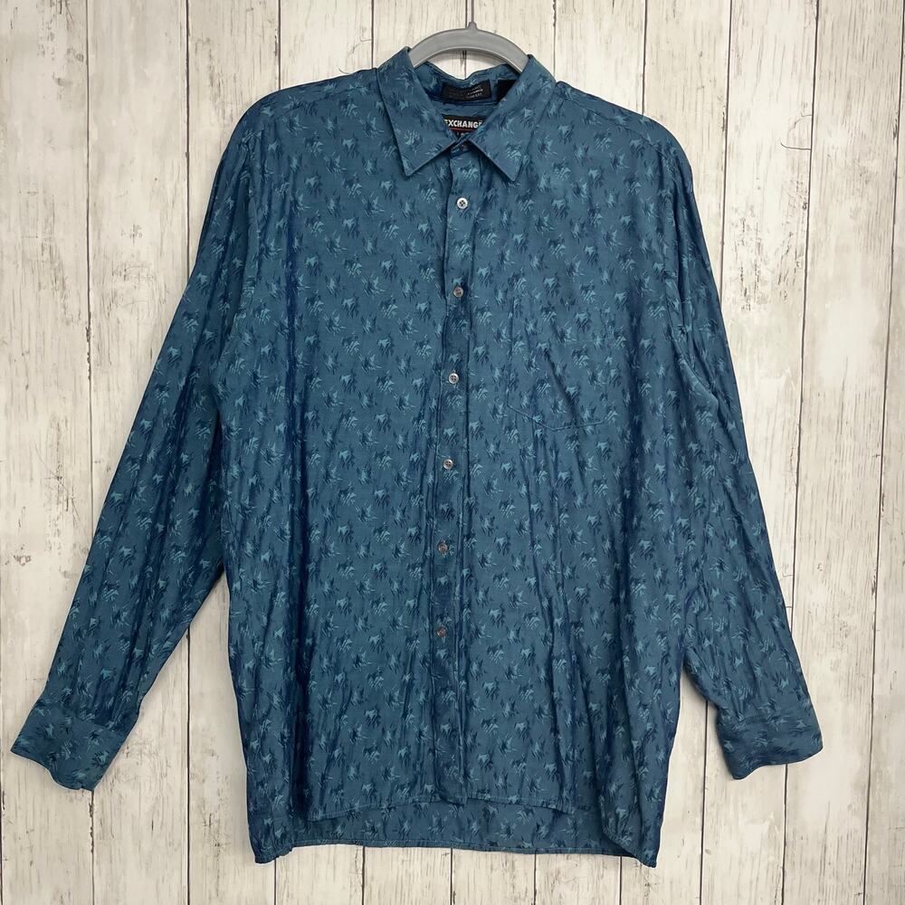 Exchange Unlimited Vintage Blue Print Long Sleeve Light Button Down Shirt Large